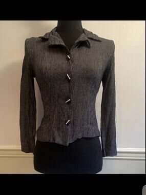 Women's Small Chunky Button Textured Button-Front Blouse Black White Grid